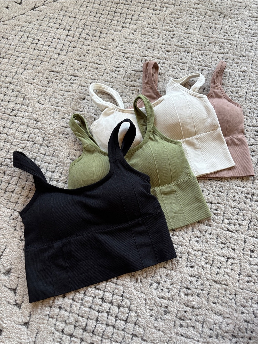 Like new! Ribbed Yoga Tank Bra 4 PK — Black, Olive, Cream, Taup